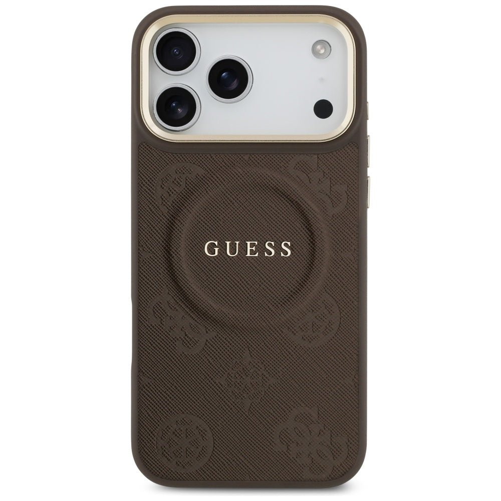 Guess iPhone 17 Pro Max - Peony Hot Stamp MagSafe - Σκληρή Θήκη με Επένδυση Συνθετικού Δέρματος - Brown - GUHMP17XPSAMSECW