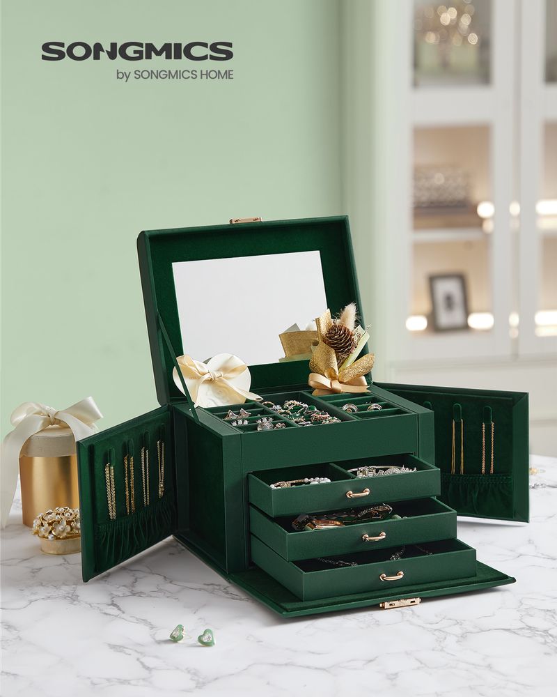 Songmics Φορητό Κουτί Αποθήκευσης Κοσμημάτων 4 Επιπέδων με Καθρέπτη και Κλειδαριά - Vintage Green - JBC159C01