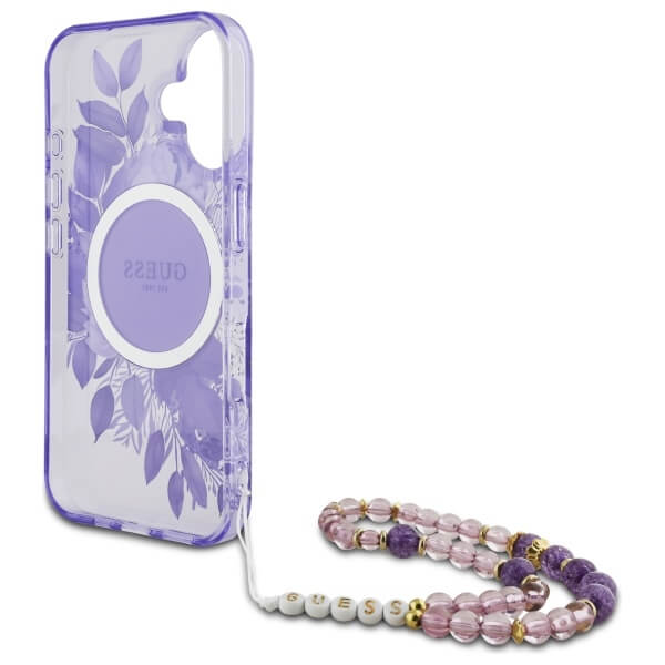 Guess iPhone 16 - IML Flowers With Pearl Strap MagSafe - Σκληρή Θήκη με Πλαίσιο Σιλικόνης και Λουράκι - Purple - GUHMP16SHFWBRCESU