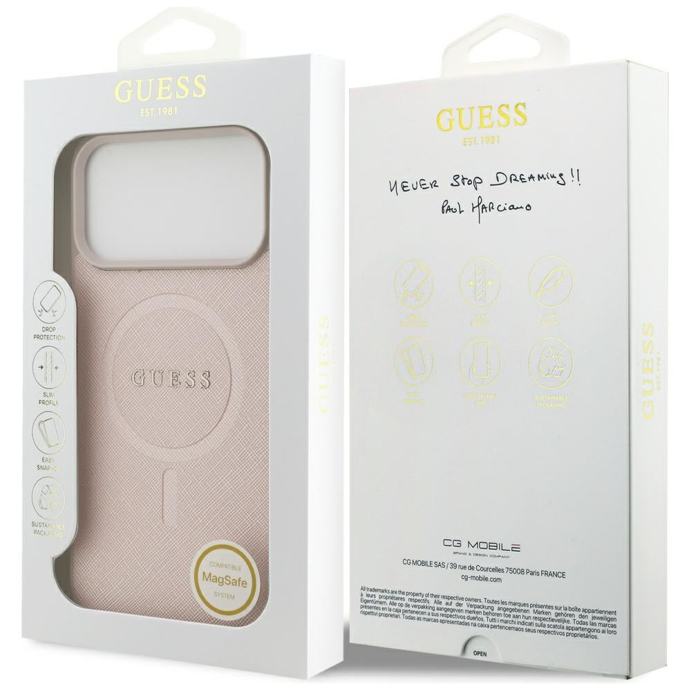 Guess iPhone 17 Pro Max - Saffiano Classic Logo MagSafe - Σκληρή Θήκη με Πλαίσιο Σιλικόνης και Επένδυση Οικολογικού Δέρματος - Pink - GUHMP17XPSAHMCP
