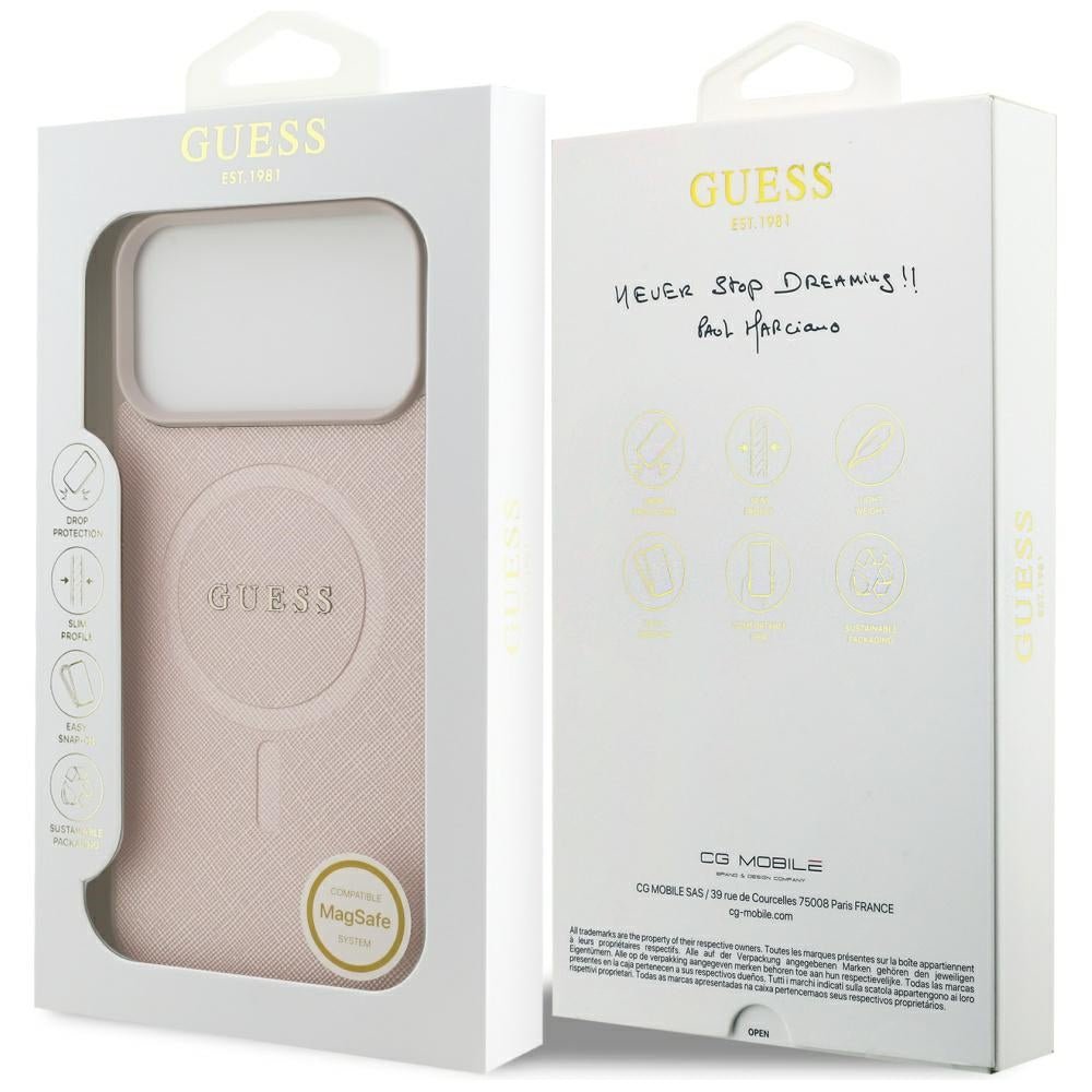 Guess iPhone 17 Pro Max - Saffiano Classic Logo MagSafe - Σκληρή Θήκη με Πλαίσιο Σιλικόνης και Επένδυση Οικολογικού Δέρματος - Pink - GUHMP17XPSAHMCP