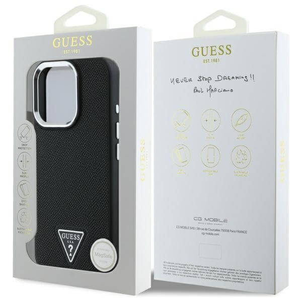 Guess iPhone 16 Pro Max - Grained Triangle MagSafe - Σκληρή Θήκη με Επένδυση Συνθετικού Δέρματος και Πλαίσιο Σιλικόνης - Black - GUHMP16XPGTSPSK