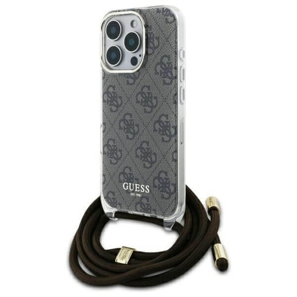 Guess iPhone 16 Pro Max - Crossbody Cord 4G Print - Σκληρή Θήκη με Πλαίσιο Σιλικόνης και Λουράκι - Brown - GUHCP16XHC4SEW