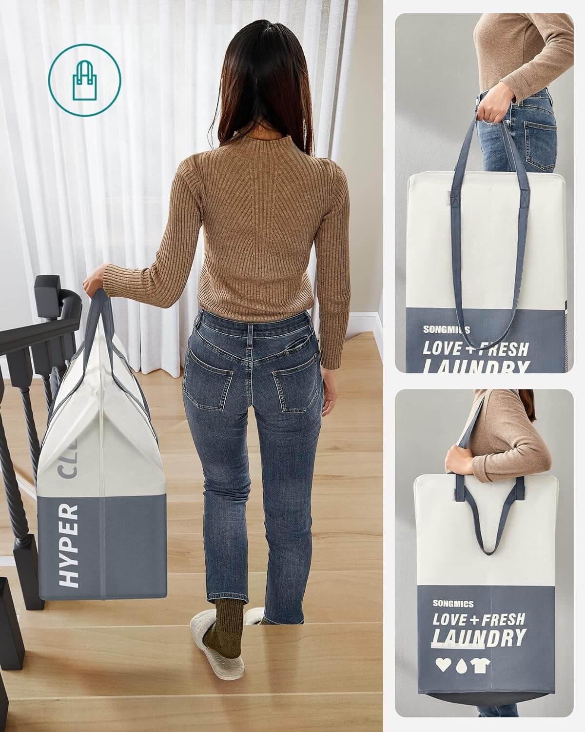 Songmics Υφασμάτινο Καλάθι Απλύτων με 2 Διαμερίσματα - Dark Blue - LCB209Q11