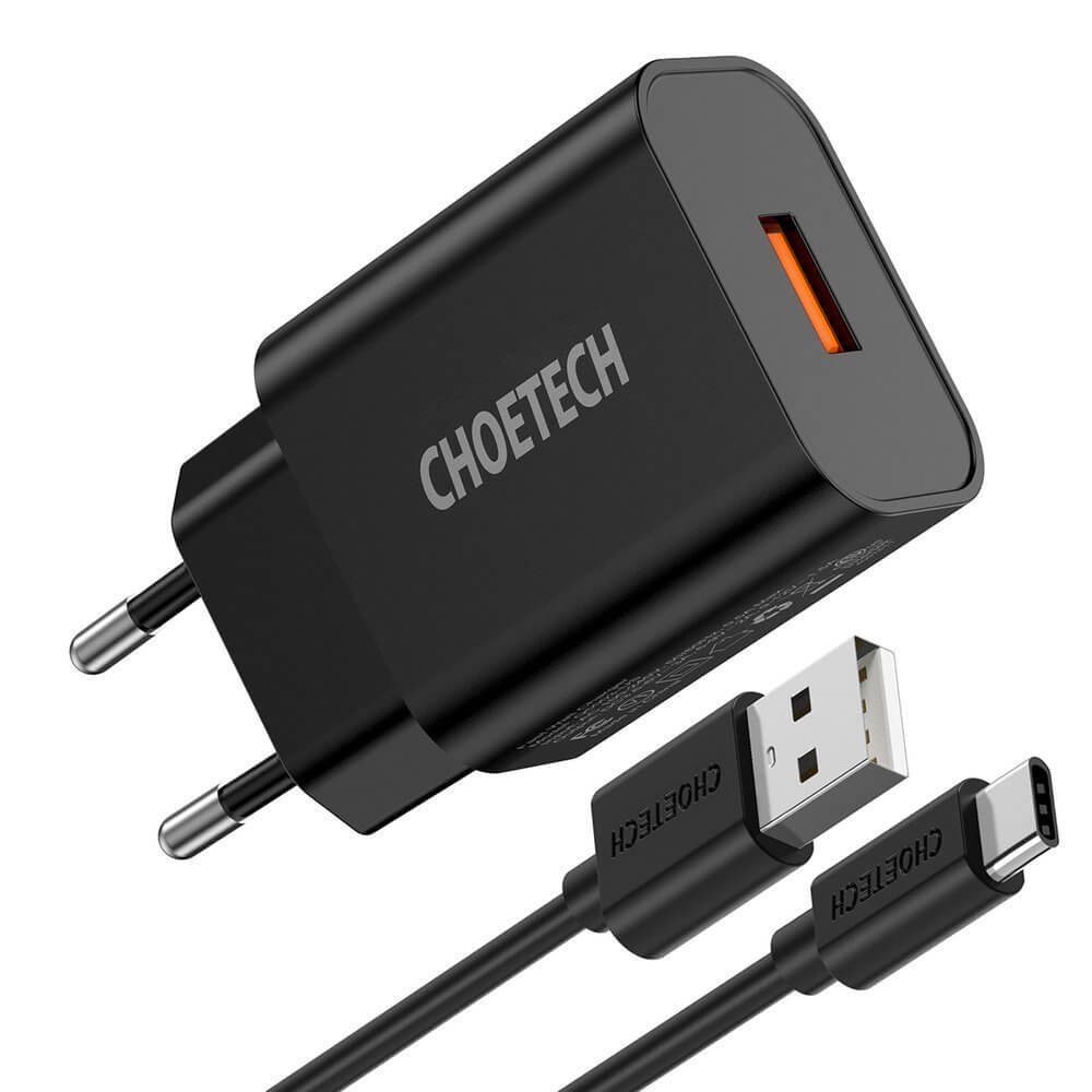 Choetech Οικιακός Φορτιστής Γρήγορης Φόρτισης 18W 3A με 1 Θύρα USB και Καλώδιο USB to Type-C - Black - Q5003