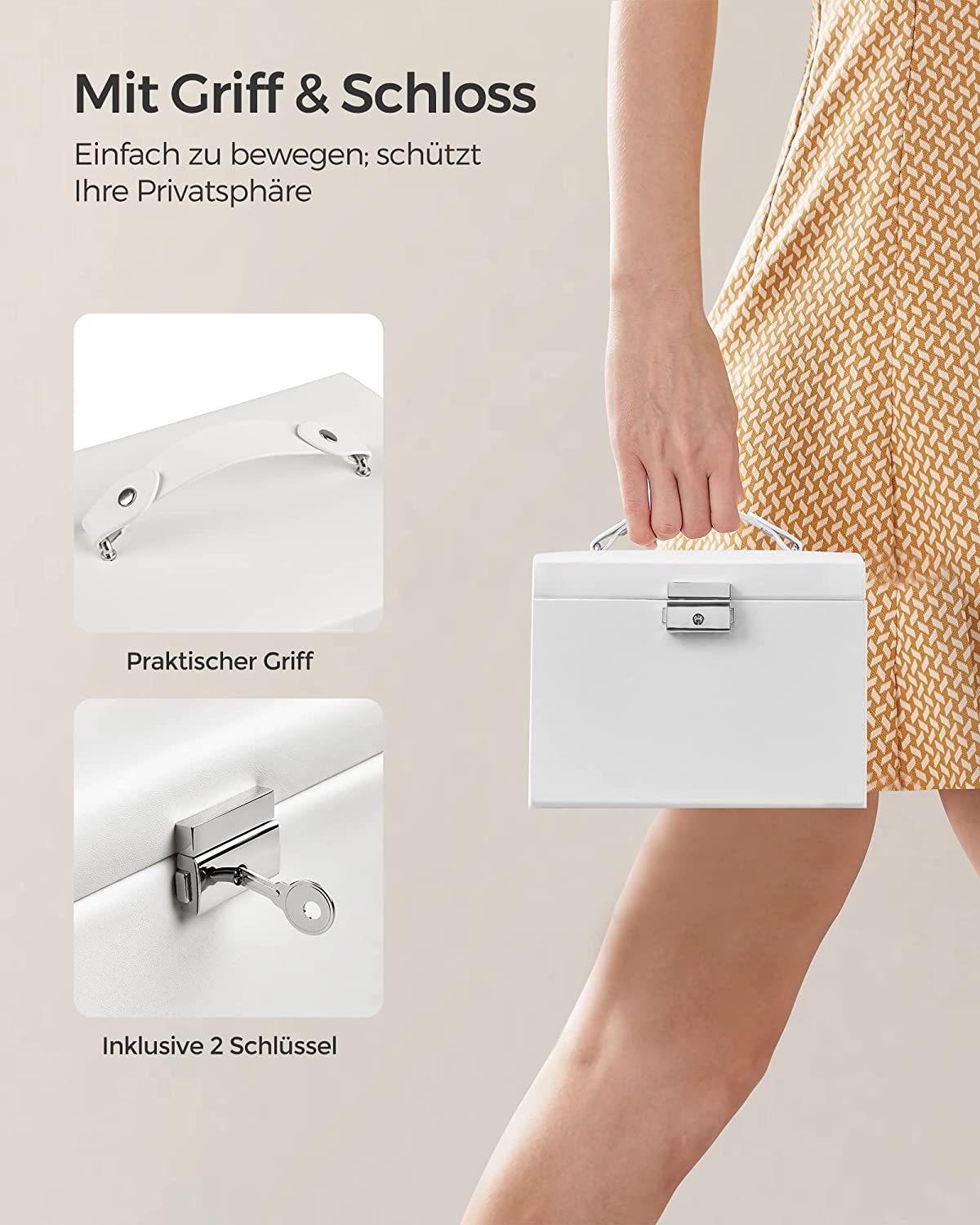 Songmics Φορητό Κουτί Αποθήκευσης Κοσμημάτων με Καθρέπτη και Κλειδαριά - White - JBC154W01