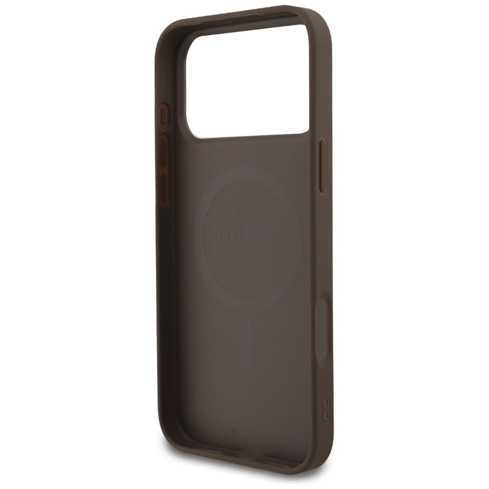 Guess iPhone 17 Pro Max - 4G Strap Triangle Logo MagSafe - Σκληρή Θήκη με Επένδυση Συνθετικού Δέρματος και Λουράκι - Brown - GUHMP17XP4TSDPPSW