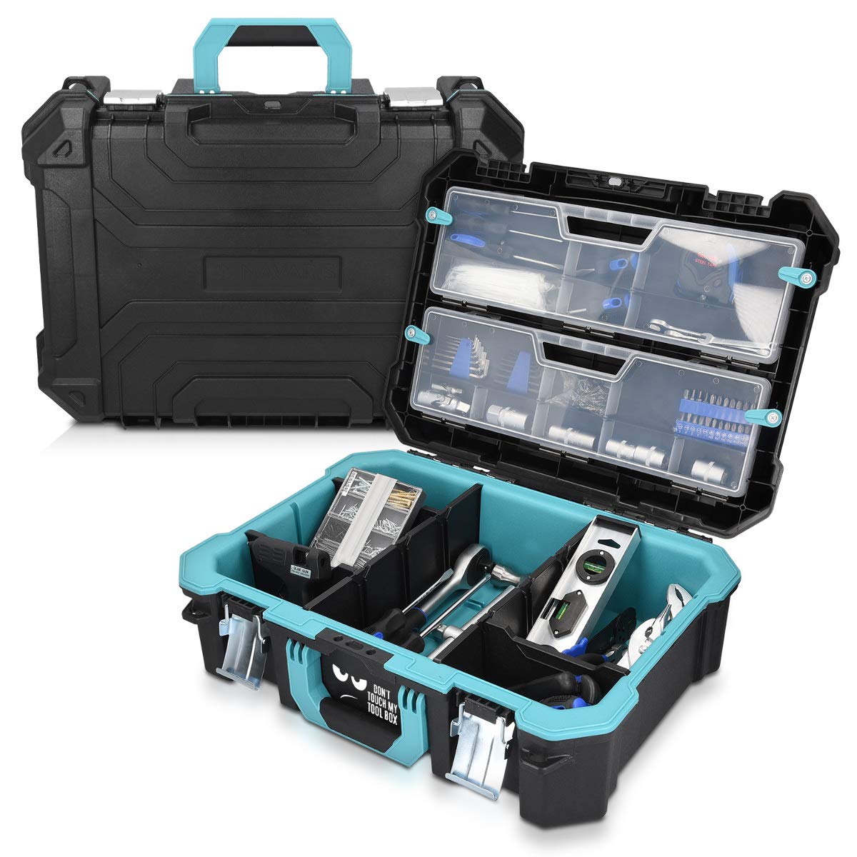 Navaris Technicians Tool Case Box - Εργαλειοθήκη Κουτί Design Don't Touch my Tool Box - Black / Light Blue - 46190.02