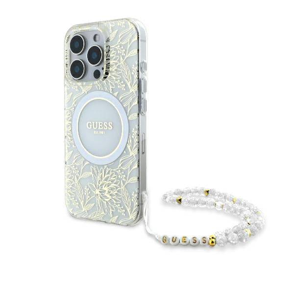Guess iPhone 16 Pro - IML Flowers Allover Electro With Pearl Strap MagSafe - Σκληρή Θήκη με Πλαίσιο Σιλικόνης και Λουράκι - White / Διάφανη - GUHMP16LHCPOFPH