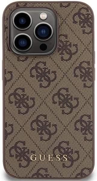 Guess iPhone 15 Pro - 4G Metal Gold Logo Σκληρή Θήκη με Επένδυση Συνθετικού Δέρματος - Brown - GUHCP15LG4GFBR