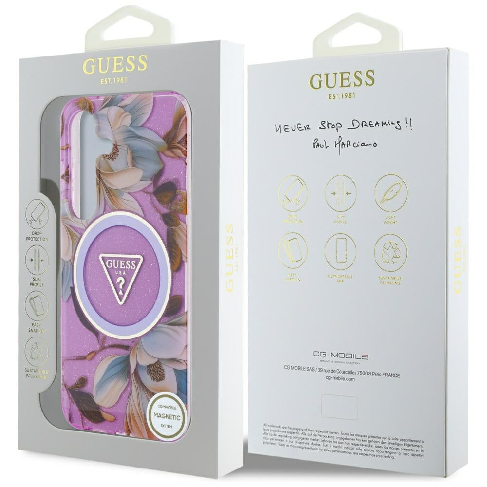 Guess Samsung Galaxy S25 - Glitter Flowers Triangle Buttons MagSafe - Σκληρή Θήκη με Πλαίσιο Σιλικόνης - Purple - GUHMS25SHFLPEDU