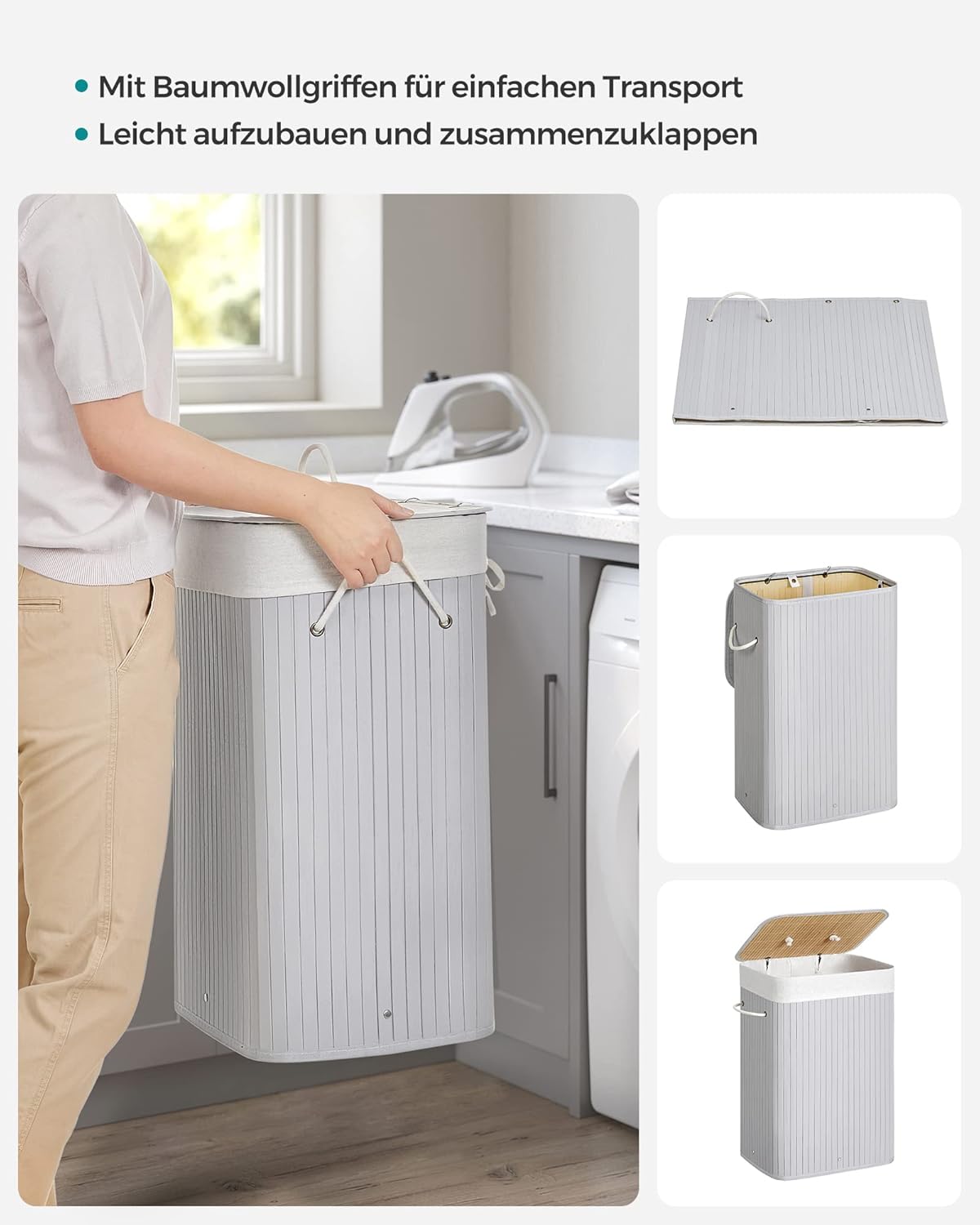 Songmics Καλάθι Απλύτων από Μπαμπού με Καπάκι - 72L - Grey - LCB010G01