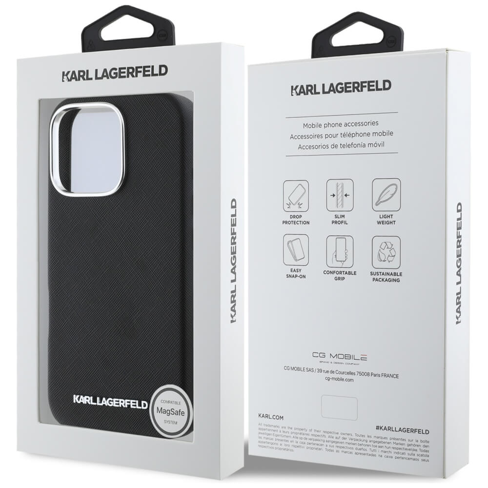 Karl Lagerfeld iPhone 16 Pro - Saffiano Full Wrapped Elongated Metal Logo - MagSafe Σκληρή Θήκη με Επένδυση Συνθετικού Δέρματος και Πλαίσιο Σιλικόνης - Black - KLHMP16LPSAFWMCK