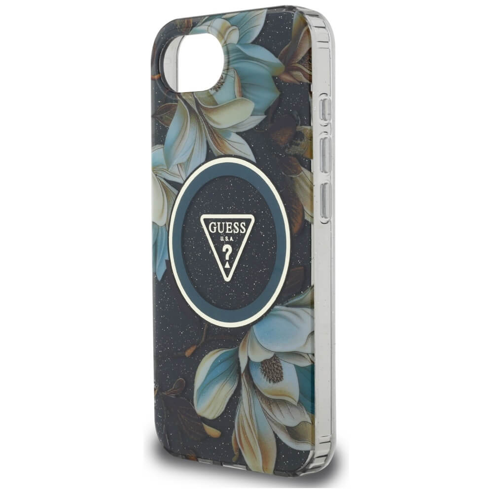 Guess iPhone 16e - IML Metal Glitter Flowers Triangle MagSafe - Σκληρή Θήκη με Πλαίσιο Σιλικόνης και MagSafe - Black - GUHMPSE4HFLPEDK