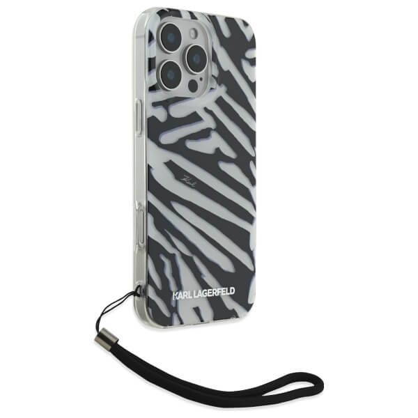 Karl Lagerfeld iPhone 16 Pro - IML Zebra Pattern and Cord - Σκληρή Θήκη με Πλαίσιο Σιλικόνης και Λουράκι - Black - KLHCP16LHZBPKCCK
