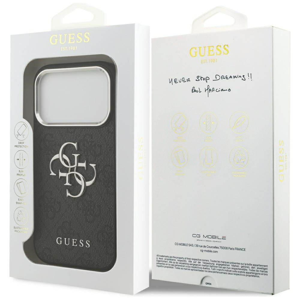 Guess iPhone 17 Pro - 4G Big 4G Classic Logo - Σκληρή Θήκη με Πλαίσιο Σιλικόνης και Επένδυση από Οικολογικό Δέρμα - Black / Silver - GUHCP17LP4G4SMCK
