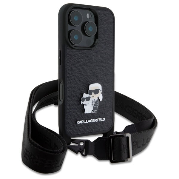 Karl Lagerfeld iPhone 16 Pro Max - Saffiano Karl and Choupette Metal Pin CBDY Strap - Σκληρή Θήκη με Επένδυση Συνθετικού Δέρματος με Πλαίσιο Σιλικόνης και Λουράκι - Black - KLHCP16XSAKCPBK
