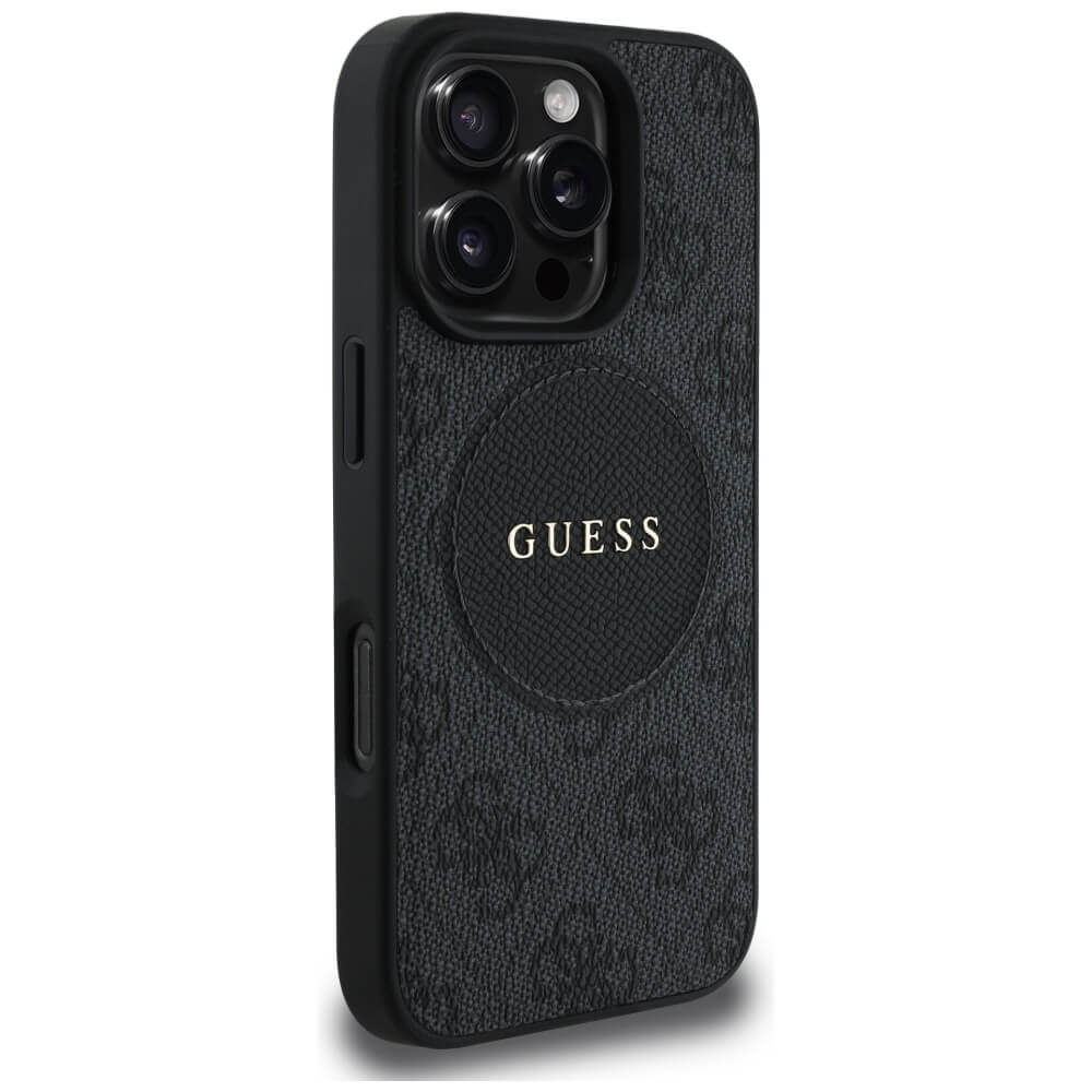 Guess iPhone 16 Pro - 4G Circle Classic Logo - MagSafe Θήκη με Επένδυση Συνθετικού Δέρματος - Black - GUHMP16LP4PGRSGK