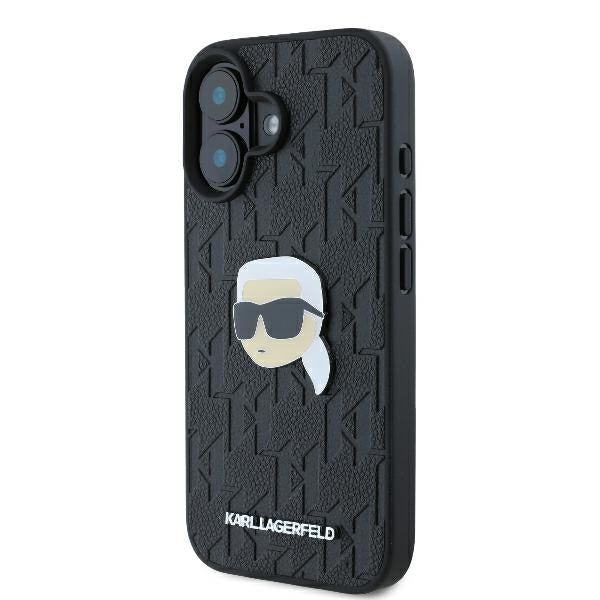 Karl Lagerfeld iPhone 16 - Monogram Karl Head Pin Σκληρή Θήκη με Επένδυση Συνθετικού Δέρματος - Black - KLHCP16SPGKLKIPK