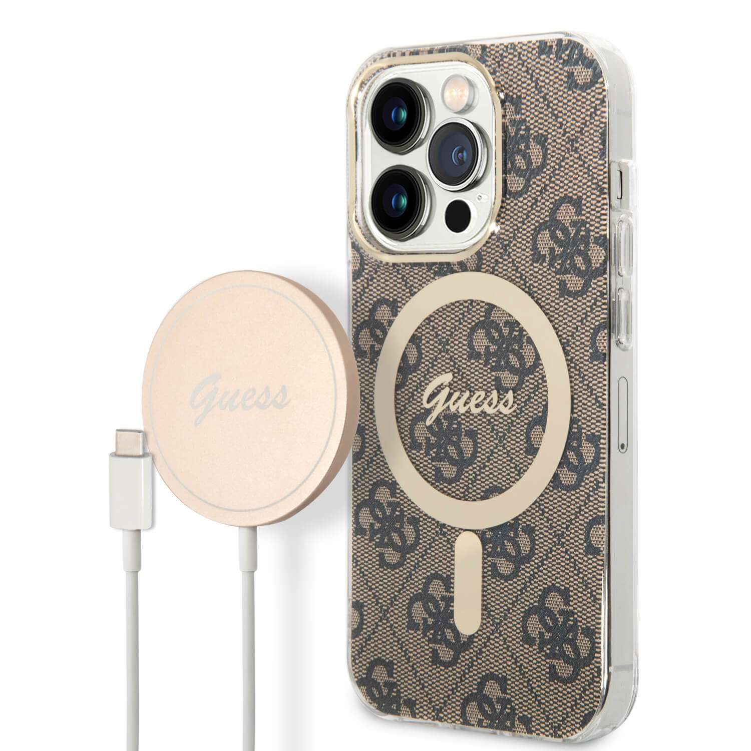 Guess iPhone 14 Pro - Bundle Pack MagSafe - Σετ Σκληρή Θήκη με Πλαίσιο Σιλικόνης και Ασύρματος Φορτιστής MagSafe - Design 4G and Gold - Brown - GUBPP14LH4EACSW