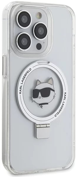 Karl Lagerfeld iPhone 15 Pro Max Ring Stand Choupette Head MagSafe Σκληρή Θήκη με Πλαίσιο Σιλικόνης και MagSafe - Διάφανη / Silver - KLHMP15XHMRSCHH