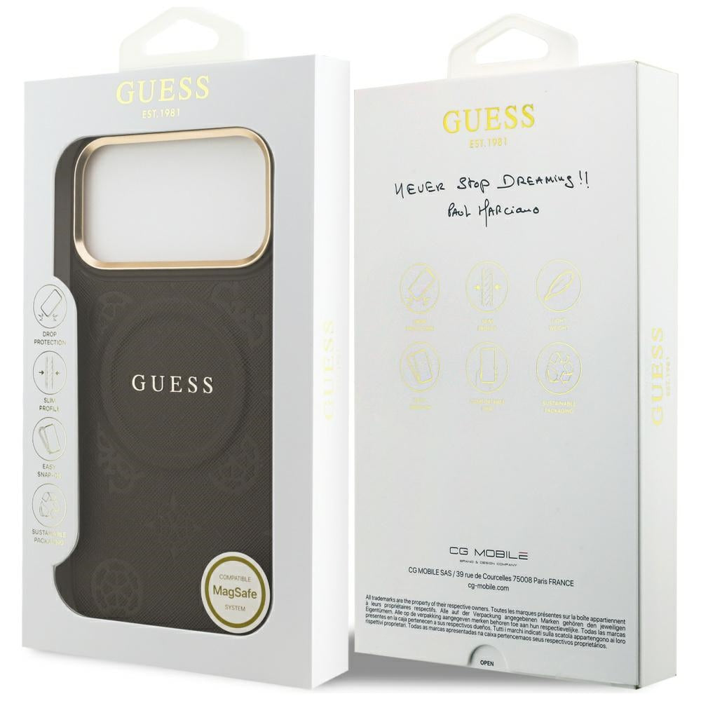 Guess iPhone 17 Pro Max - Peony Hot Stamp MagSafe - Σκληρή Θήκη με Επένδυση Συνθετικού Δέρματος - Brown - GUHMP17XPSAMSECW