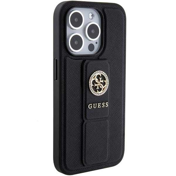 Guess iPhone 15 Pro Grip Stand 4G Saffiano Strass Logo Θήκη με Επένδυση Συνθετικού Δέρματος και Stand - Black - GUHCP15LPGSSADK