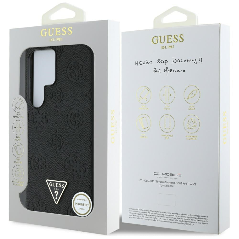Guess Samsung Galaxy S25 Ultra - Grained Hot Stamp Peony Pattern Triangle Logo - MagSafe Σκληρή Θήκη με Πλαίσιο Σιλικόνης και Συνθετικό Δέρμα - Black - GUHMS25LPGBTMK