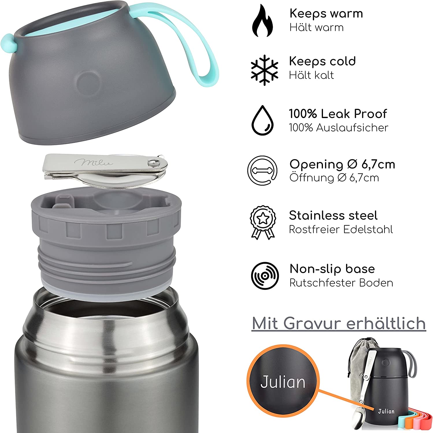 Milu Θερμός Φαγητού από Ανοξείδωτο Ατσάλι με Καπάκι-Μπολ και Κουτάλι - 450ml - Grey - 6277