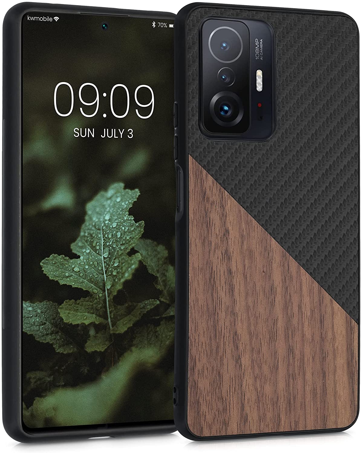KW Xiaomi 11T / 11T Pro Θήκη από Φυσικό Ξύλο και Carbon - Black / Dark Brown - 56624.01
