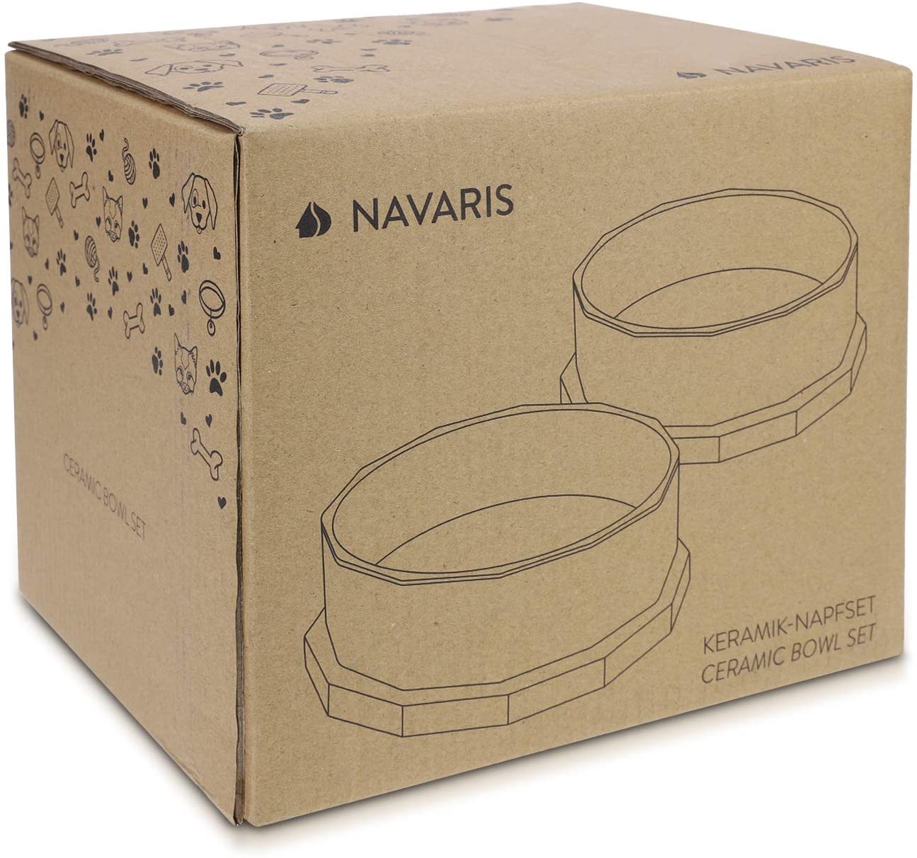 Navaris Ceramic Dog Bowls with Wood Underlay - Σετ με 2 Μπολ Φαγητού και Νερού με Βάση από Ξύλο Βελανιδιάς και Κεραμικό για Κατοικίδια - Dark Green / Gray - 50946.80
