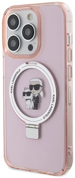 Karl Lagerfeld iPhone 15 Pro Max Ring Stand Karl and Choupette MagSafe Σκληρή Θήκη με Πλαίσιο Σιλικόνης και MagSafe - Διάφανη / Pink - KLHMP15XHMRSKCP