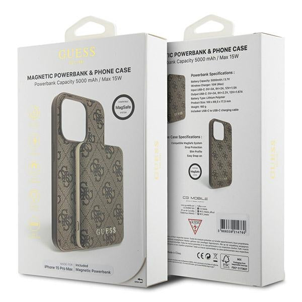 Guess iPhone 15 Pro Max - 4G Metal Logo Σετ MagSafe Σκληρή Θήκη με Επένδυση Συνθετικού Δέρματος και Powerbank 5000mAh - Brown - GUBPM5P15X4GEMGW