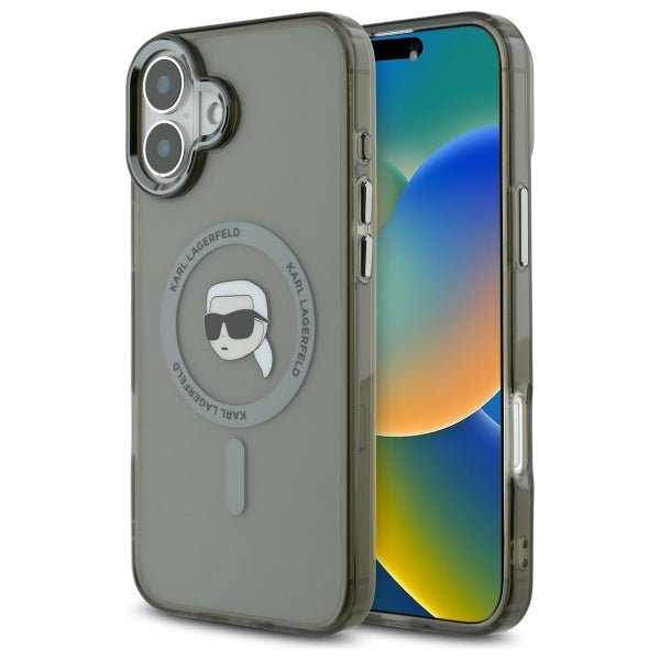 Karl Lagerfeld iPhone 16 - IML Metal Karl Head - MagSafe Σκληρή Θήκη με Πλαίσιο Σιλικόνης - Black - KLHMP16SHLSKIK
