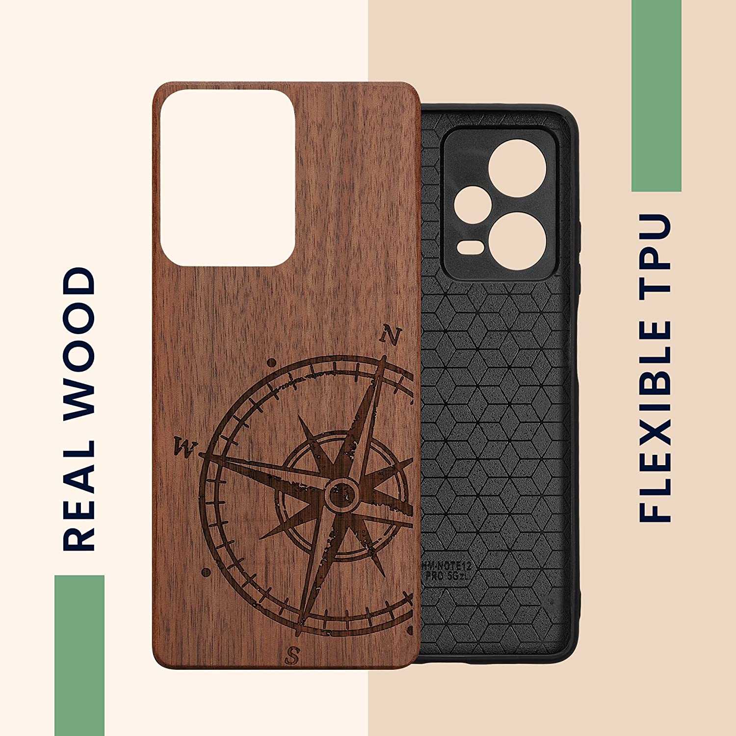 KW Xiaomi Redmi Note 12 Pro Θήκη από Φυσικό Ξύλο - Design Navigational Compass - Dark Brown - 60693.01