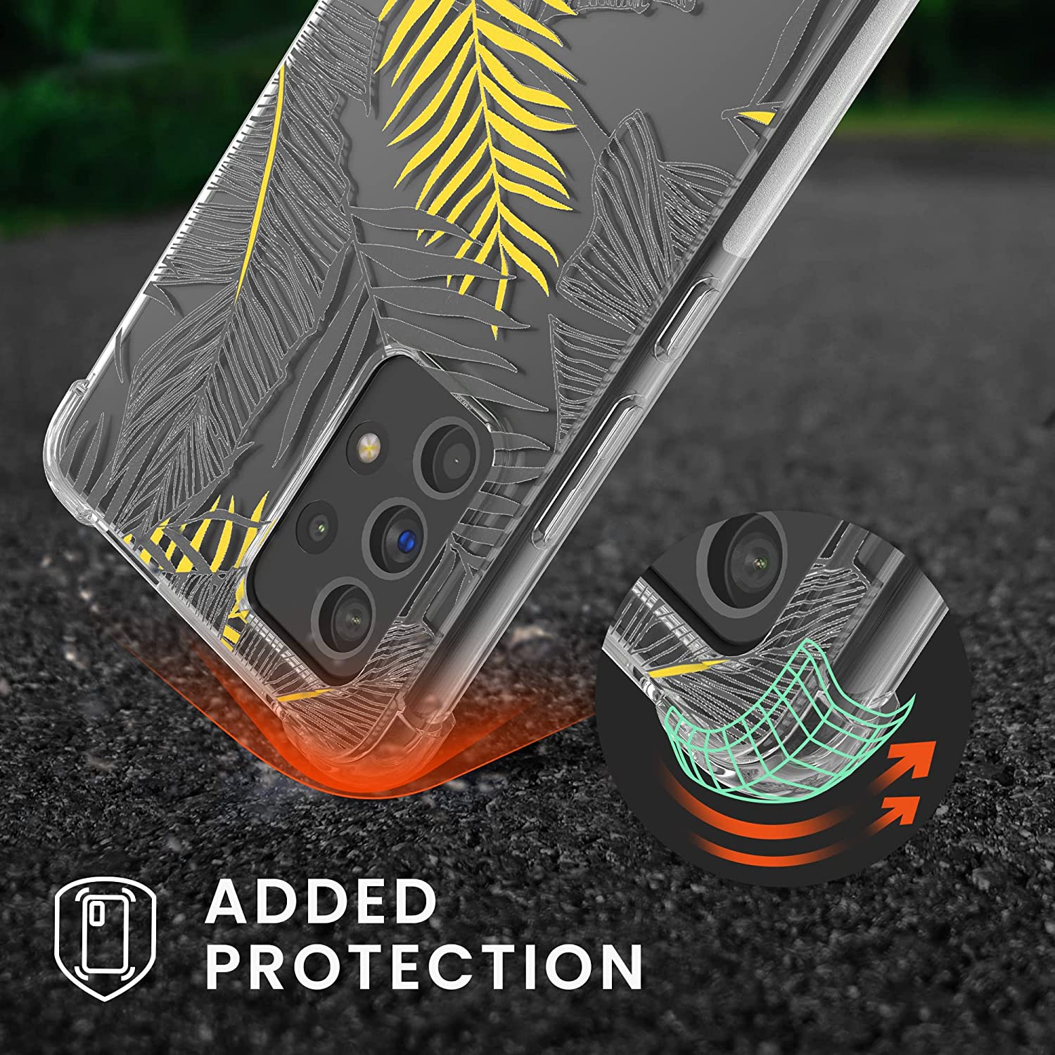 KW Samsung Galaxy A53 5G Θήκη Σιλικόνης TPU με Λουράκι Design Palm Leaves - Διάφανη / Yellow / Grey - 58234.01