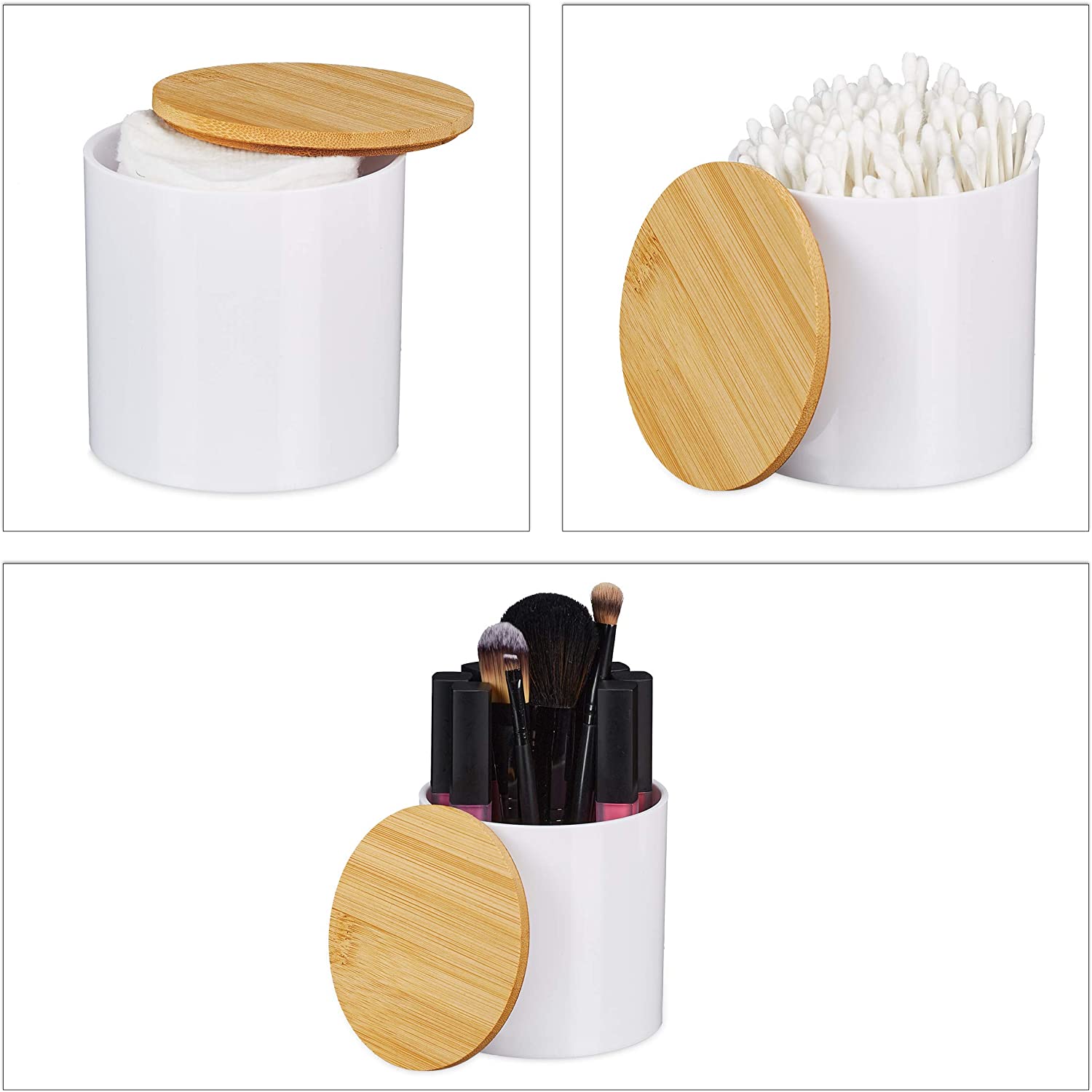 Relaxdays Σετ με 3 Κουτιά Αποθήκευσης Αξεσουάρ Μπάνιου με Καπάκι από Μπαμπού - Natural / White - 4052025906030