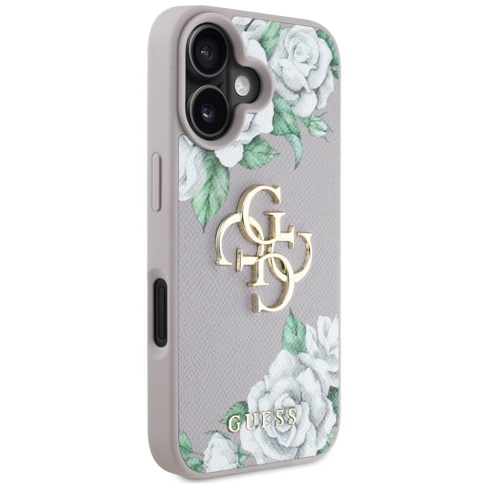 Guess iPhone 16 - Grained Roses Big 4G Logo - Σκληρή Θήκη με Επένδυση από Οικολογικό Δέρμα - Purple - GUHCP16SPGROP4MU