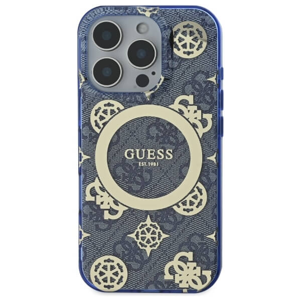 Guess iPhone 16 Pro Max - IML Peony On 4G Background - MagSafe Θήκη με Επένδυση Συνθετικού Δέρματος - Blue - GUHMP16XH4PYEEB
