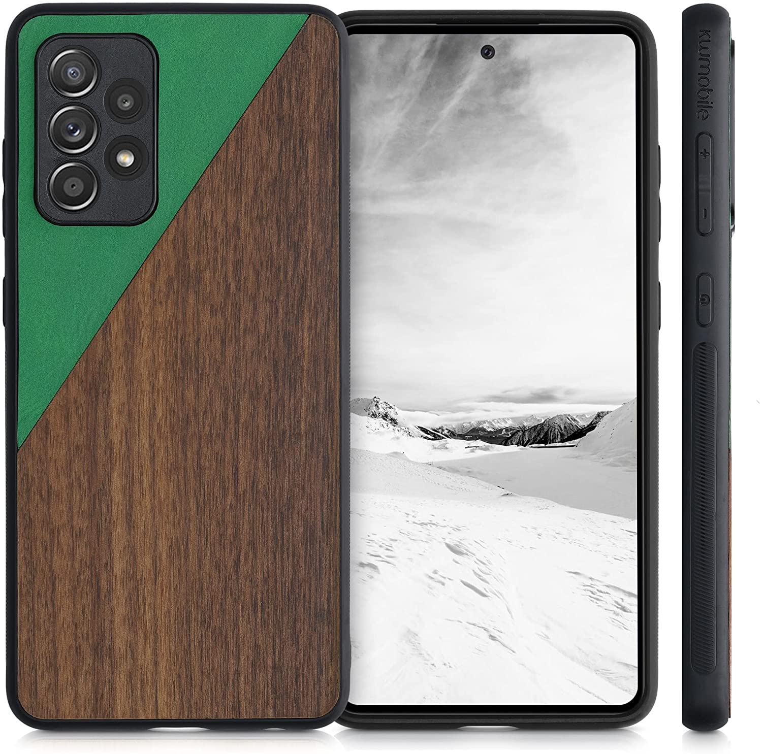 KW Samsung Galaxy A52 / A52 5G / A52s 5G Θήκη από Φυσικό Ξύλο και Συνθετικό Δέρμα - Dark Green / Brown - 54954.03