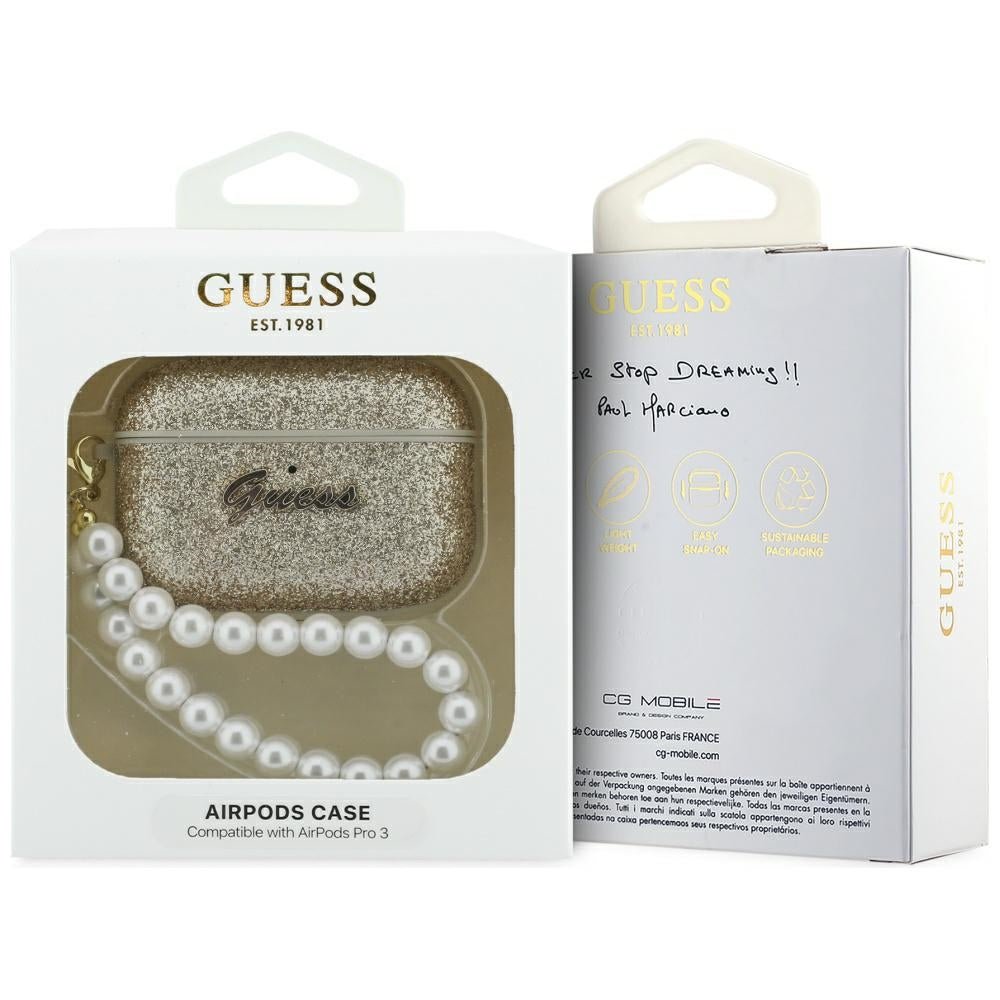 Guess AirPods Pro 3 - Θήκη από Σκληρό Πλαστικό - Glitter Pearl Strap - Gold