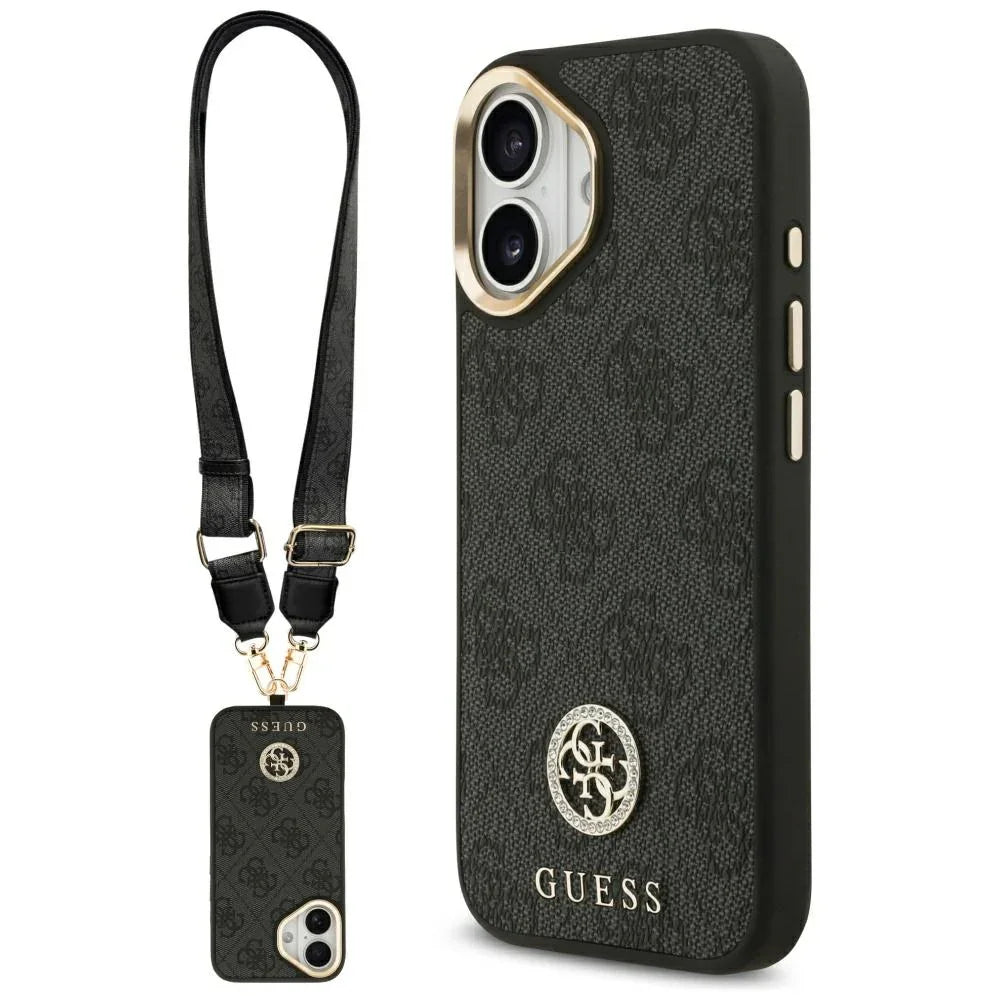 Guess iPhone 17 - 4G Strass Logo and Big Strap Metal Buttons MagSafe - Θήκη με Επένδυση Συνθετικού Δέρματος και Λουράκι - Black