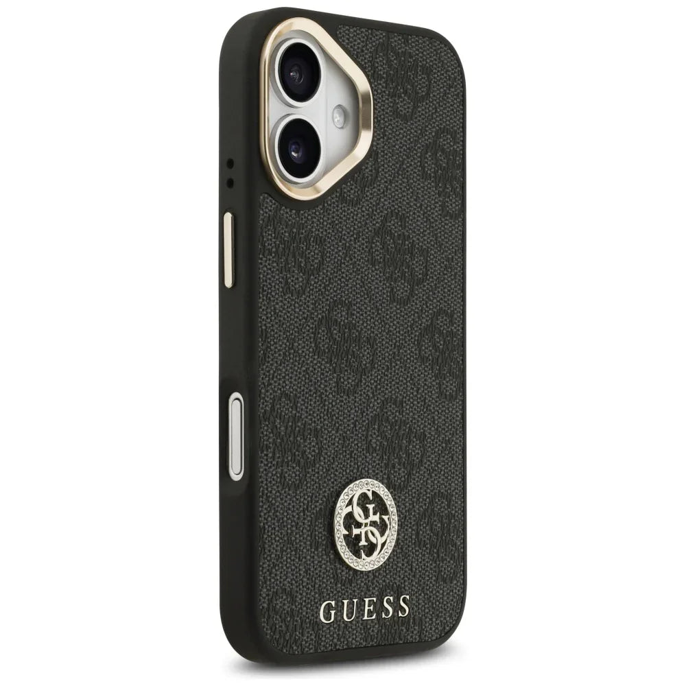 Guess iPhone 17 - 4G Strass Logo and Big Strap Metal Buttons MagSafe - Θήκη με Επένδυση Συνθετικού Δέρματος και Λουράκι - Black
