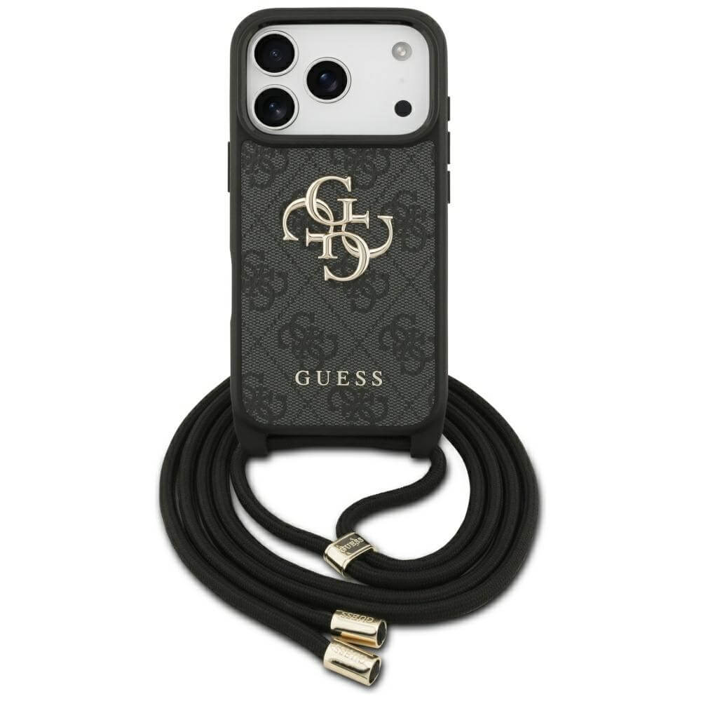 Guess iPhone 17 Pro - 4G Big Logo Cord Stap Crossbody - Θήκη με Επένδυση Συνθετικού Δέρματος και Λουράκι - Black