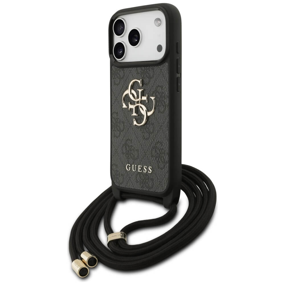 Guess iPhone 17 Pro - 4G Big Logo Cord Stap Crossbody - Θήκη με Επένδυση Συνθετικού Δέρματος και Λουράκι - Black