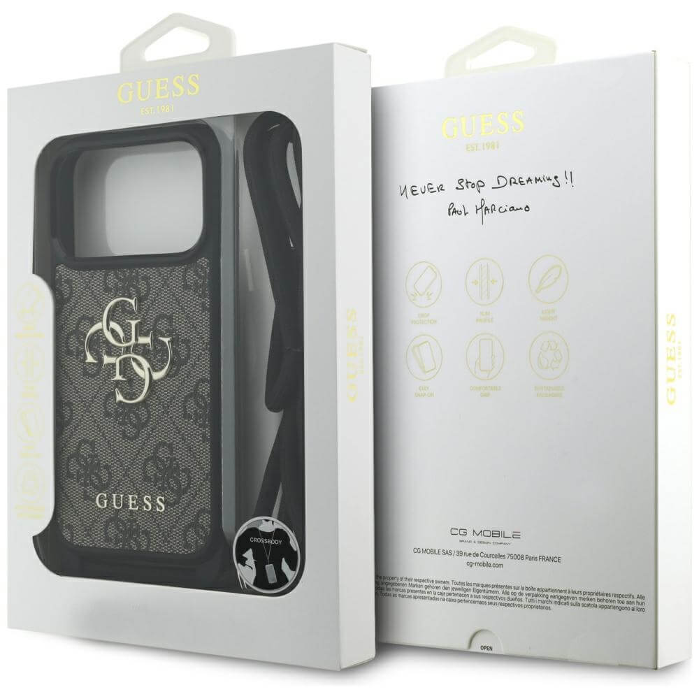 Guess iPhone 17 Pro - 4G Big Logo Cord Stap Crossbody - Θήκη με Επένδυση Συνθετικού Δέρματος και Λουράκι - Brown