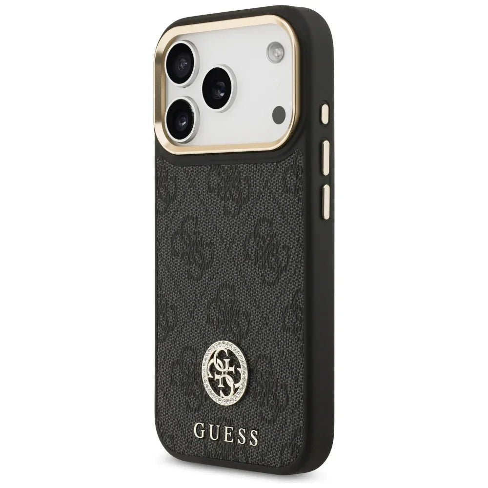 Guess iPhone 17 Pro - 4G Strass Logo and Big Strap Metal Buttons MagSafe - Θήκη με Επένδυση Συνθετικού Δέρματος και Λουράκι - Black
