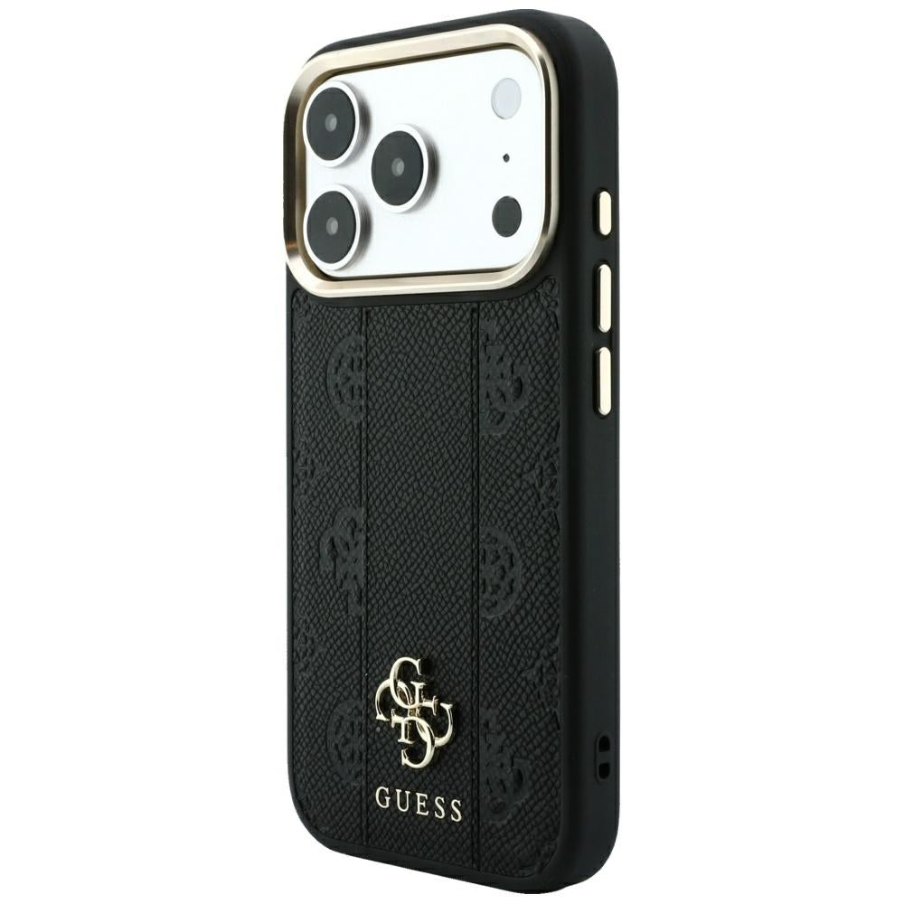 Guess iPhone 17 Pro / iPhone 18 Pro - Σκληρή Θήκη με Επένδυση Συνθετικού Δέρματος - Stripe Peony 4G Logo MagSafe - Black