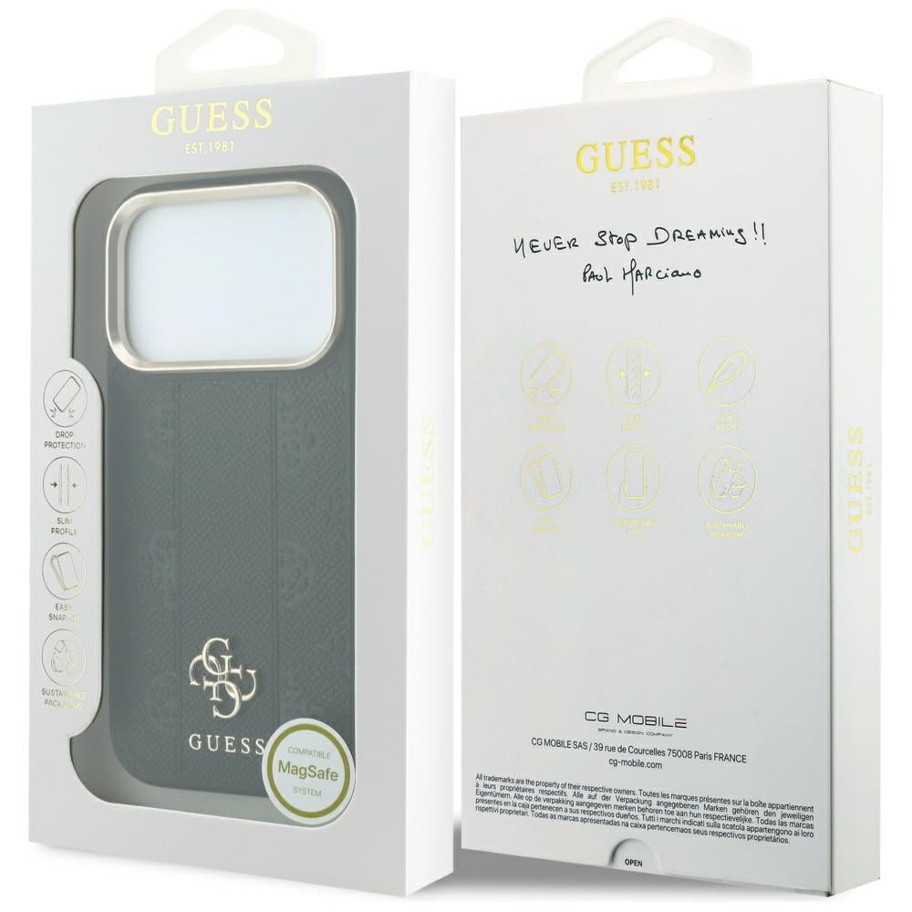 Guess iPhone 17 Pro / iPhone 18 Pro - Σκληρή Θήκη με Επένδυση Συνθετικού Δέρματος - Stripe Peony 4G Logo MagSafe - Black