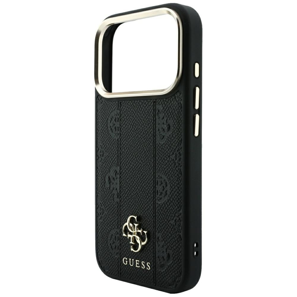 Guess iPhone 17 Pro / iPhone 18 Pro - Σκληρή Θήκη με Επένδυση Συνθετικού Δέρματος - Stripe Peony 4G Logo MagSafe - Black